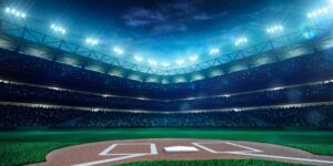 baseball stadium lit up at night